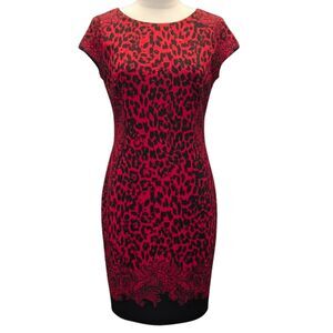 Cache Leopard Red Black Cap Sleeve Sheath Dress M